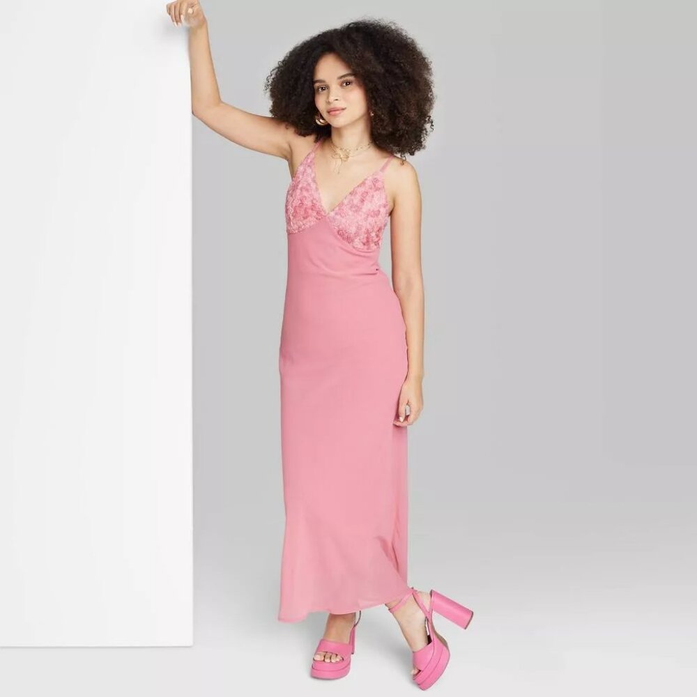 Wild Fable Women's Dress Maxi LG Fairy Floral Bodycon Y2K Pink Rosette Tulle